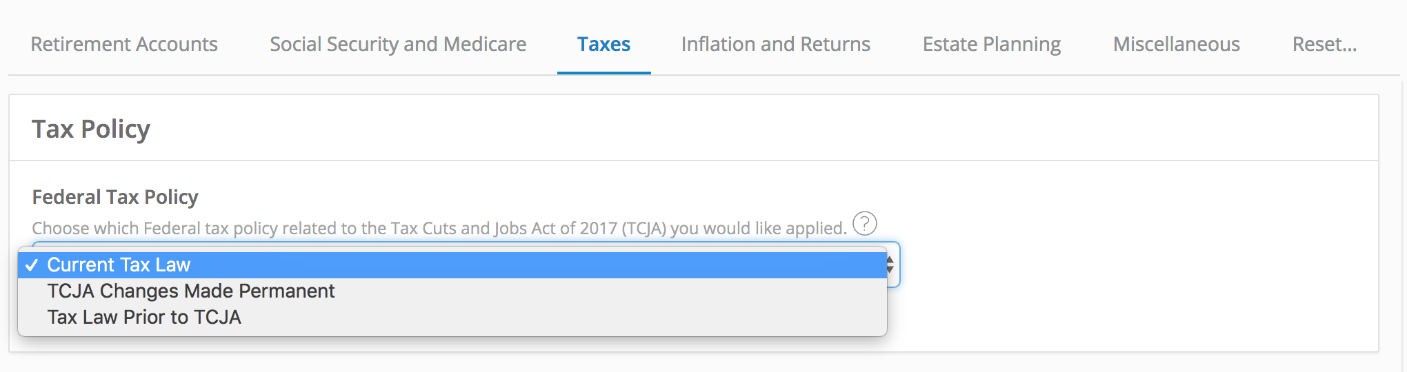 Tax Policy Setting on Settings and Assumptions Taxes Tab